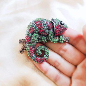 Pink Green Rhinestone Chamelion Pin Broach